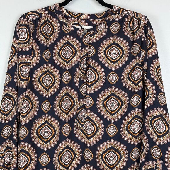 Ann Taylor Loft Shift Dress Women's Sz M Navy Gold Medallion Drop Hem Boho Artsy - Picture 2 of 8